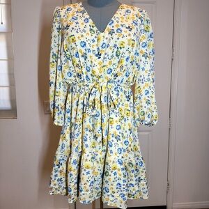 A Love Story Floral V-Neck Dress with Belt 2X blue and yellow